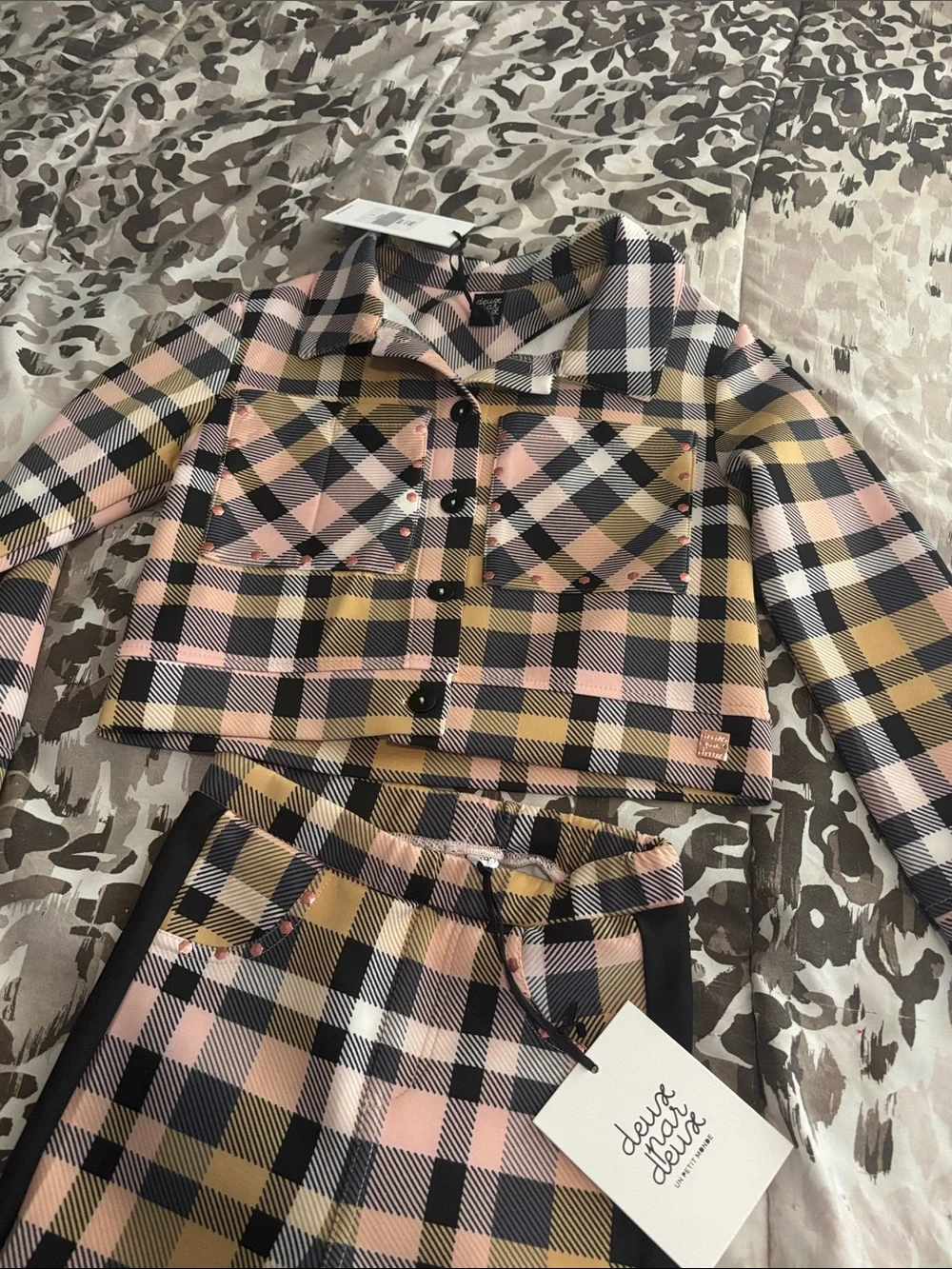deux par deux Pink, Mustard & Black Plaid Cropped Jacket with Track Pants